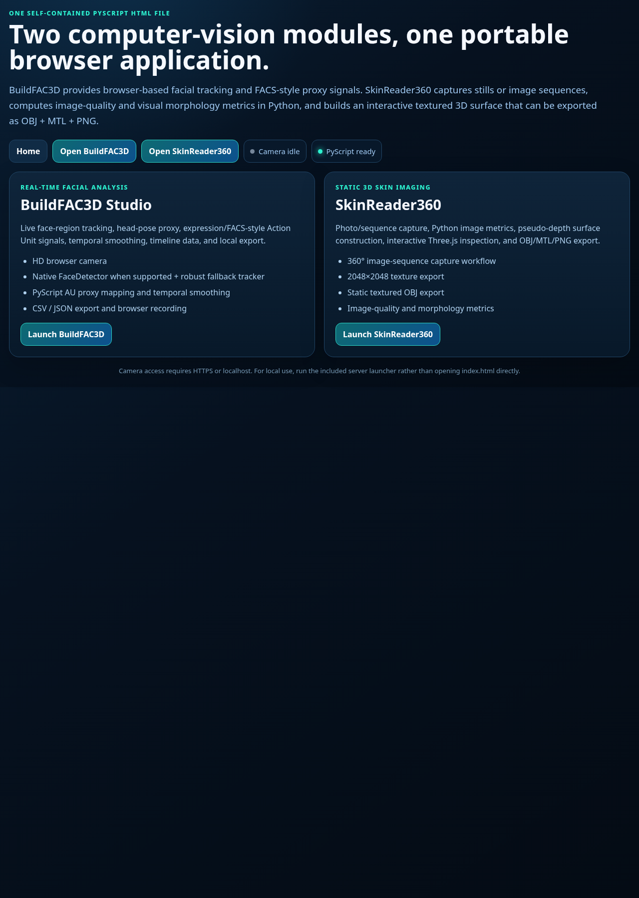 Mobile Ready BuildFAC3D and SkinReader360 browser interface with two launch panels for real-time facial analysis and static 3D skin imaging.