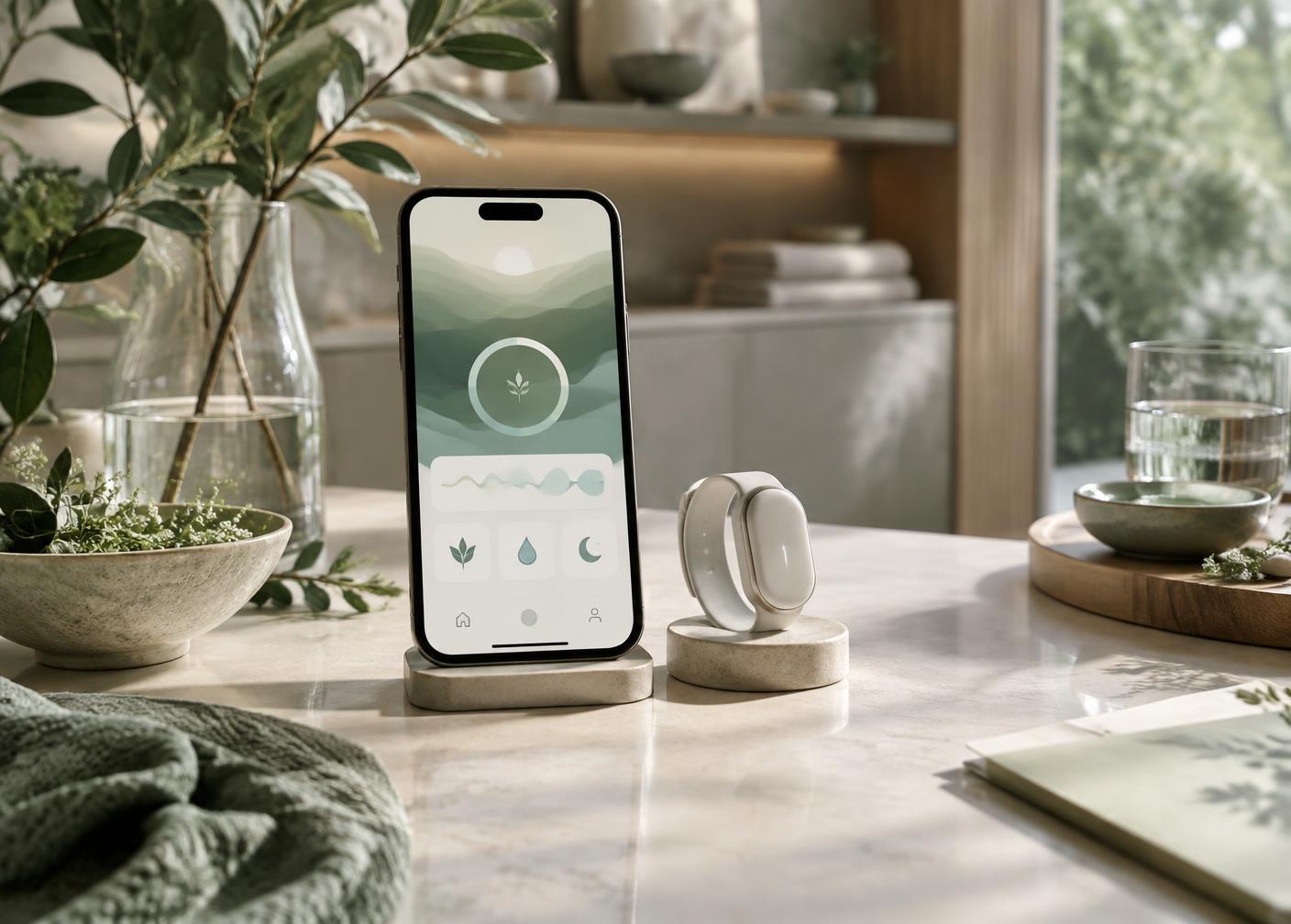 Premium wellness technology concept with a mobile wellness interface on a serene spa consultation desk.